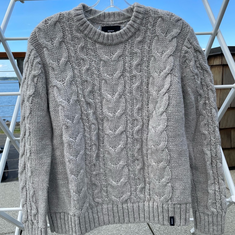 Finisterre Wool Fisherman Knit Sweater in Light Gray, New Condition
